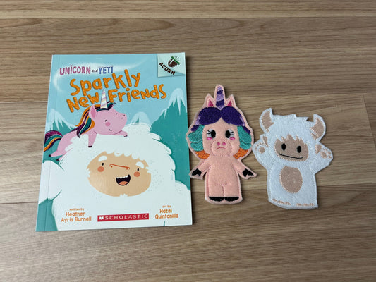 Unicorn and Yeti Sparkly New Friends Book and Finger Puppet Set