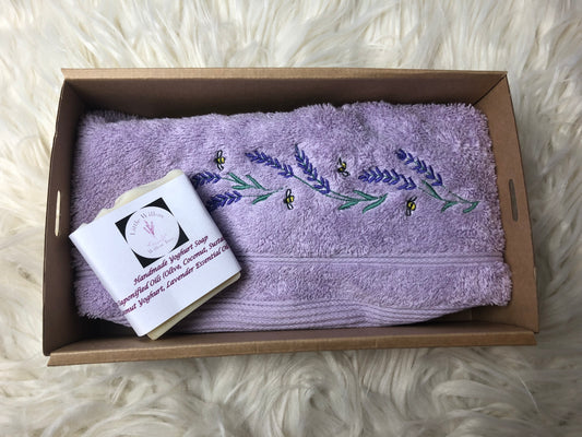 Handtowel with lavender embroidery and soap