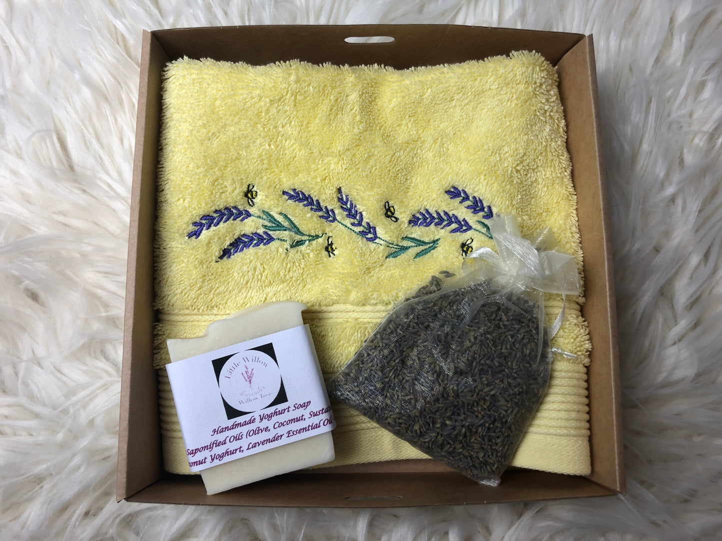 Handtowel with lavender embroidery, soap and lavender bag